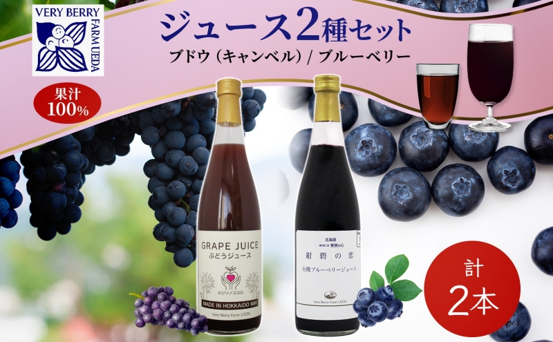 ブドウジュース 有機ブルーベリー ジュース 飲み比べ 各1本 計2本 セット キャンベル ぶどう 紺碧の恋 果汁 100％ お取り寄せ ギフト 北海道 仁木町