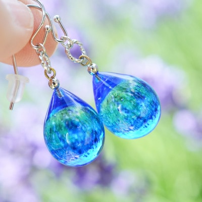 【Soukore】ガラスアクセサリー・ブルー・イヤリング(シルバー)