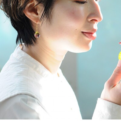 【Soukore】ガラスアクセサリー・イエローピンク・イヤリング