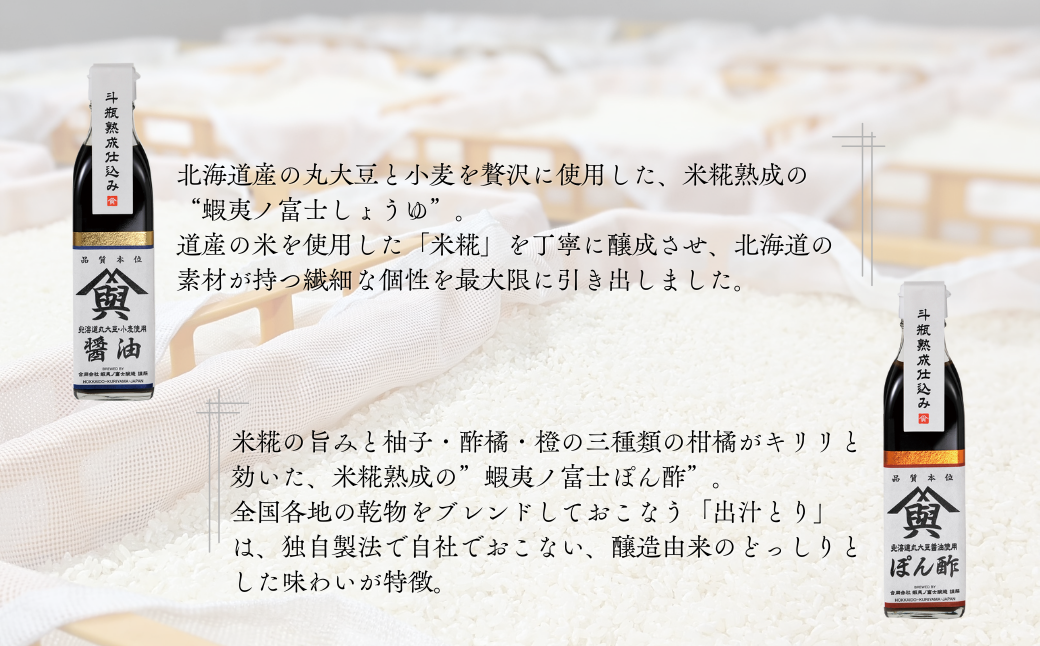 【麹屋さんのこだわり調味料】米麹熟成させた蝦夷ノ富士しょうゆ｜ぽん酢セット　（各１本ギフトボックス入）