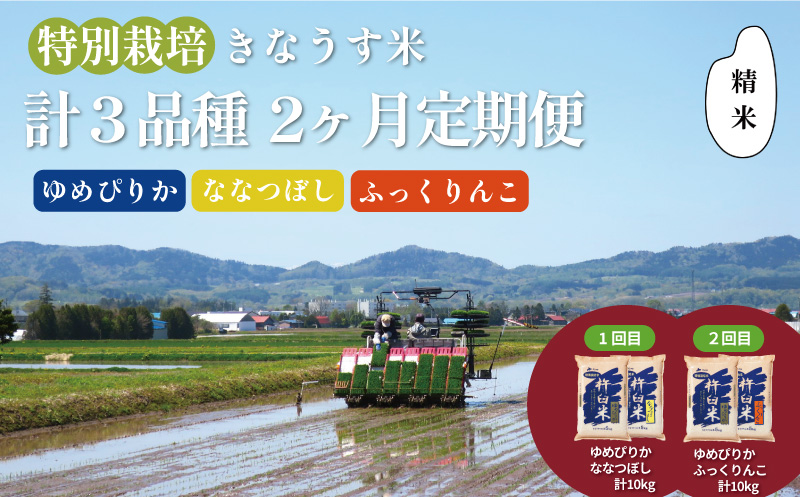 【精米2ヶ月定期便】特別栽培「きなうす米」3品種セット10kg×2回