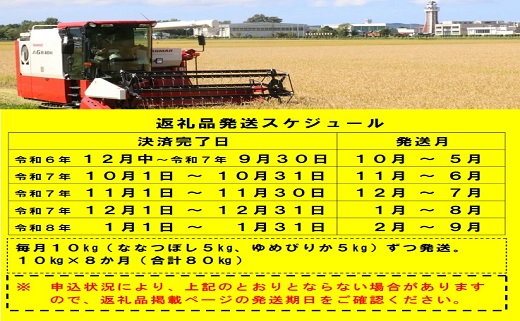 【新米予約受付】令和7年産 無洗米ななつぼし&無洗米ゆめぴりか定期便80kg(毎月発送)