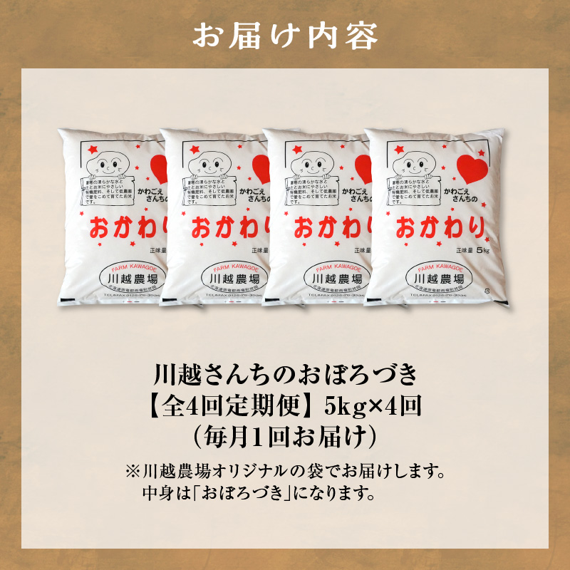 【定期便全4回】令和7年産 川越さんちの おぼろづき 5kg（5kg×1袋）毎月1回お届け 雨竜産 精米 定期便 5kg お米 お取り寄せ 北海道 雨竜町