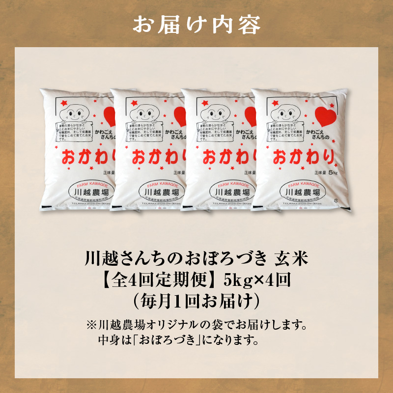 【定期便全4回】令和7年産 川越さんちの おぼろづき 玄米 5kg（5kg×1袋）毎月1回お届け 雨竜産 定期便 5kg お米 お取り寄せ 北海道 雨竜町