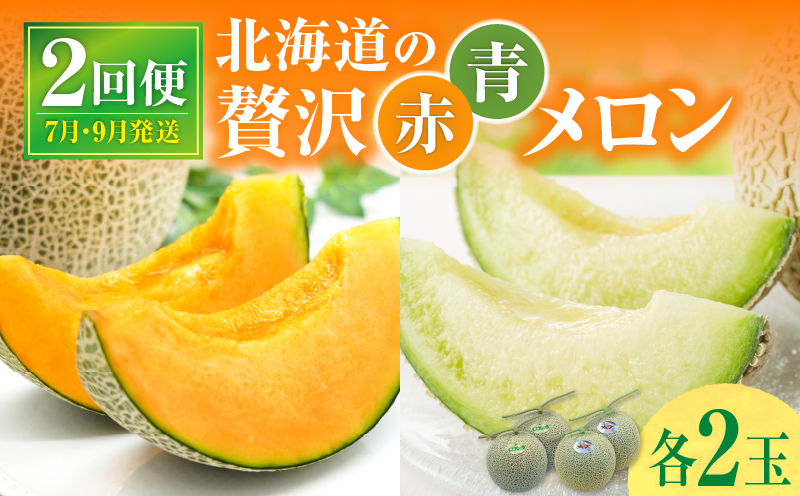 【 7月青肉・9月赤肉発送】北海道の贅沢　暑寒メロン食べ比べ2回便 【各2玉づつ】