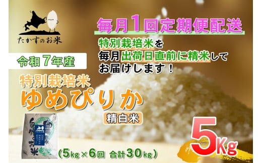 【6回定期便】 【令和7年産】 ゆめぴりか （精白米） 5kg×6回 合計30kg ｜ たかすのお米 米 コメ こめ ご飯 北海道 鷹栖町