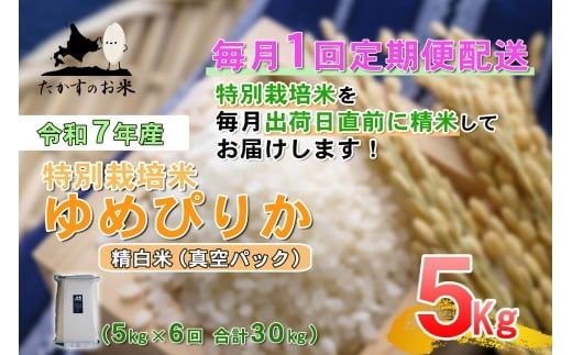 【6回定期便】 【令和7年産】 ゆめぴりか （真空・精白米） 5kg×6回 合計30kg ｜ 北海道 鷹栖町 たかすのお米 米 コメ こめ ご飯