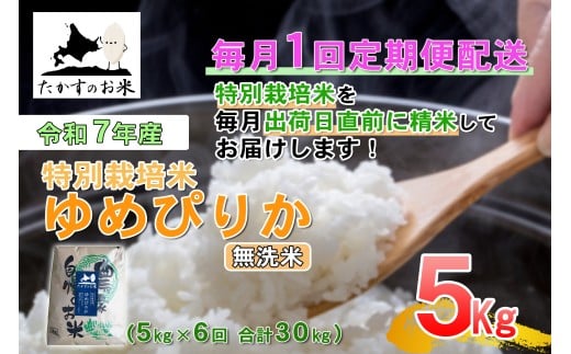 【6回定期便】 【令和7年産】 ゆめぴりか （無洗米） 5kg×6回 合計30kg ｜ 北海道 鷹栖町 たかすのお米 米 コメ こめ ご飯