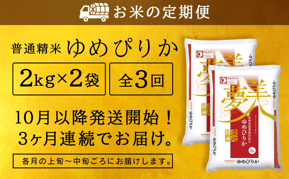 令和7年産新米 【お米の定期便】ゆめぴりか 2kg×2袋 《普通精米》全3回