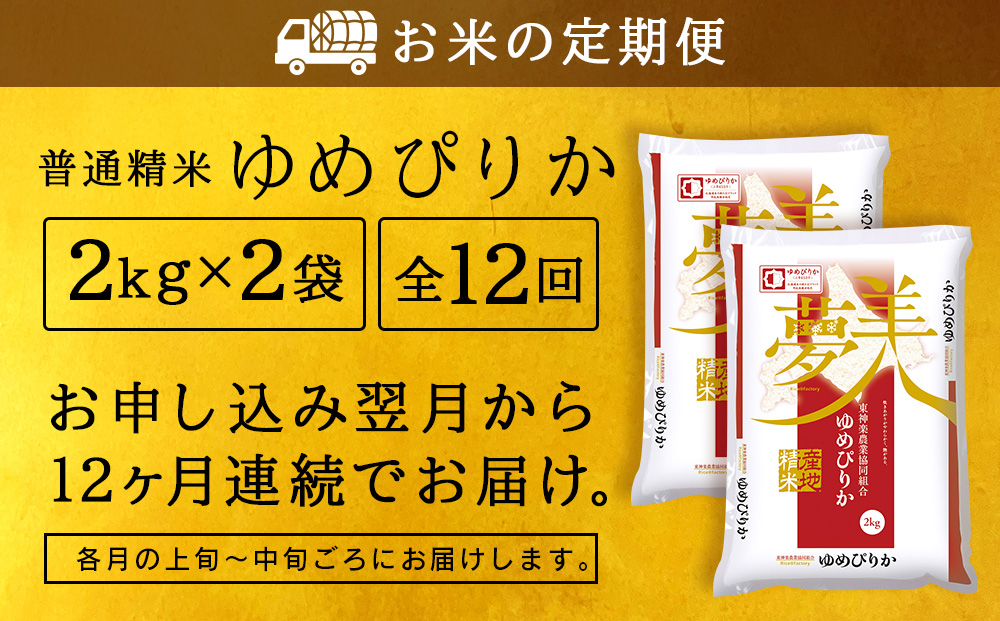令和7年産 【お米の定期便】ゆめぴりか 2kg×2袋 《普通精米》全12回