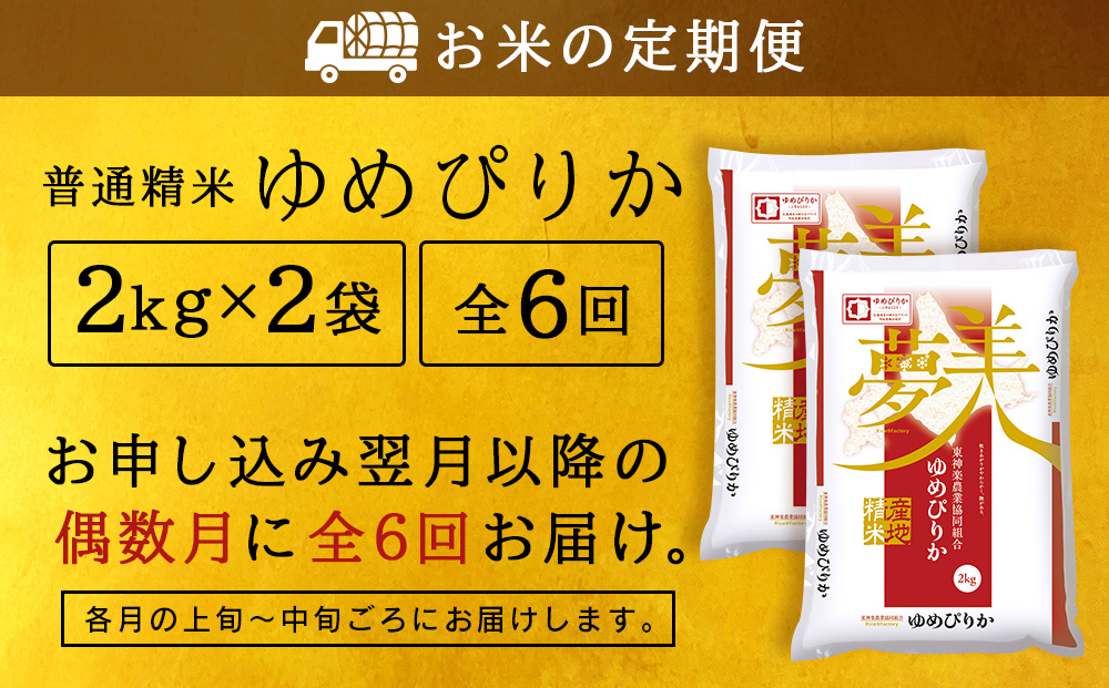 令和7年産 【お米の定期便】《偶数月お届け》ゆめぴりか 2kg×2袋 《普通精米》全6回