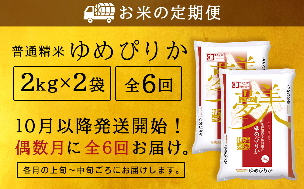 令和7年産新米 【お米の定期便】《偶数月お届け》ゆめぴりか 2kg×2袋 《普通精米》全6回