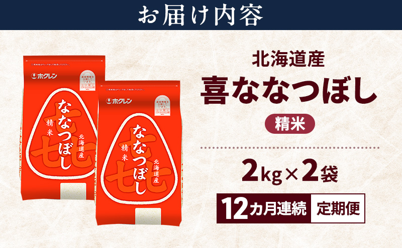 【12ヵ月連続定期便】北海道産 喜 ななつぼし 精米 4kg 米 特A 獲得 白米 ごはん 定期便 定期配送 12ヵ月 道産米 ブランド米 4キロ お米 ご飯 米 北海道米 JAふらの ホクレン ホクレン米 送料無料 北海道 上富良野町