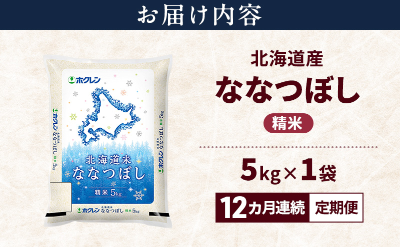 【12ヵ月連続定期便】北海道産 ななつぼし 精米 5kg 米 特A 獲得 白米 ごはん 定期便 定期配送 12ヵ月 道産米 ブランド米 5キロ お米 ご飯 米 北海道米 JAふらの ホクレン ホクレン米 送料無料 北海道 上富良野町