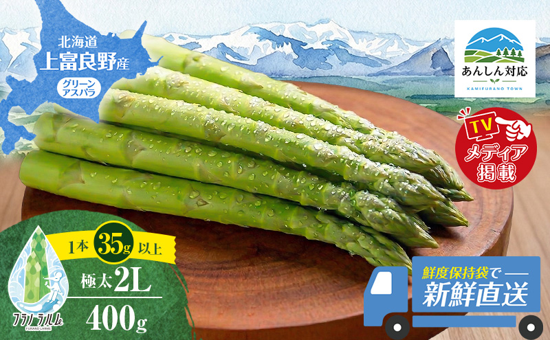 【令和8年産】 〔メディア掲載されました〕 グリーン アスパラガス 2L 400g 春アスパラ 野菜 旬 新鮮 産地直送 甘い 極太 お取り寄せ グルメ 高評価 限定 北海道 上富良野産