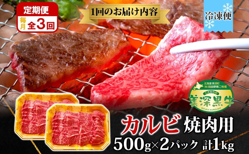 定期便 3カ月 黒牛 カルビ 焼肉 500ｇ×2 1kg こだわり 美濃黒牛 お肉 牛肉 旨み グルメ バーベキュー ギフト 贈り物 美深町 北海道