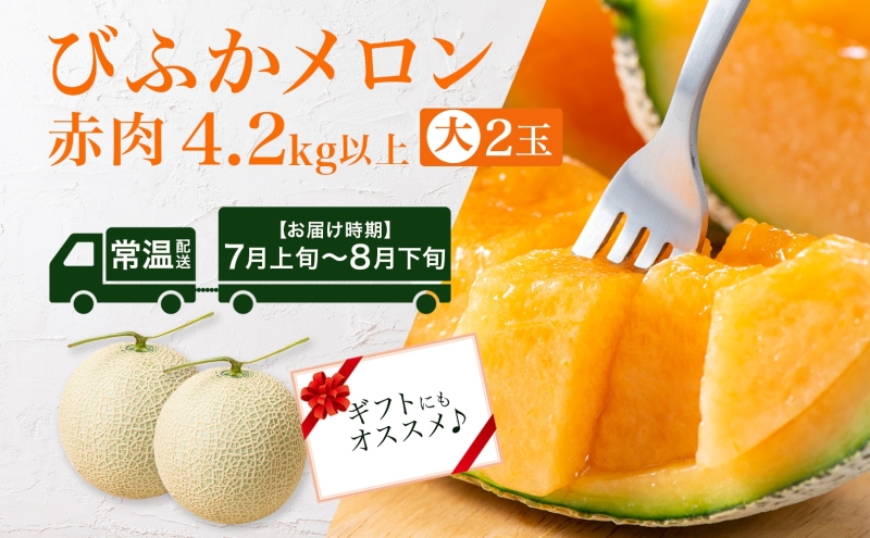 【2025年発送】びふかメロン大2玉(合計4.2kg以上) 北海道 美深町産 赤肉 メロン 産直 高級 果肉 果汁 芳醇 香り甘い デザート フルーツ 果物 くだもの 贈り物 お届け：2025年7月上旬～2025年8月下旬