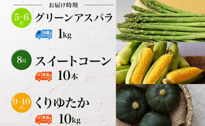 【2026年発送】北海道 美深町 旬の野菜 3種 定期便 グリーンアスパラ 1kg とうもろこし 10本 かぼちゃ 10kg 野菜 夏野菜 フルーツ アスパラ コーン スイートコーン カボチャ 南瓜 直送 新鮮