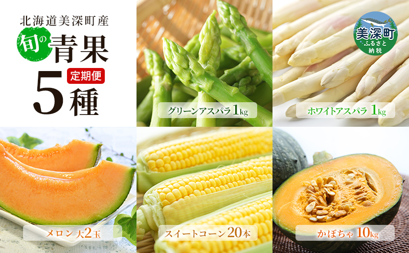 美深の旬の青果 5種定期便（ホワイトアスパラ・グリーンアスパラ・メロン・とうもろこし・かぼちゃ）【北海道美深町産】