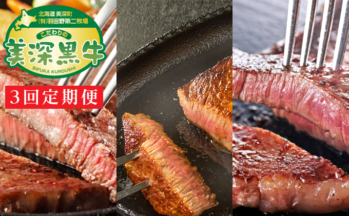 北海道産 黒牛ステーキ3種定期便（リブロース180g×4・ヒレ150g×4・サーロイン180g×4）【こだわりの美深黒牛】