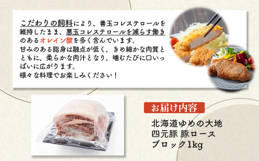北海道ゆめの大地　四元豚　豚ロース　ブロック1kg【27007】