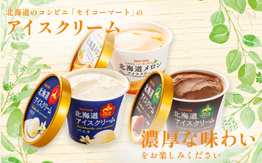 【定期便：3回】Secoma 北海道アイスクリーム3種食べ比べセット（バニラ・メロン・チョコレート）【01105】