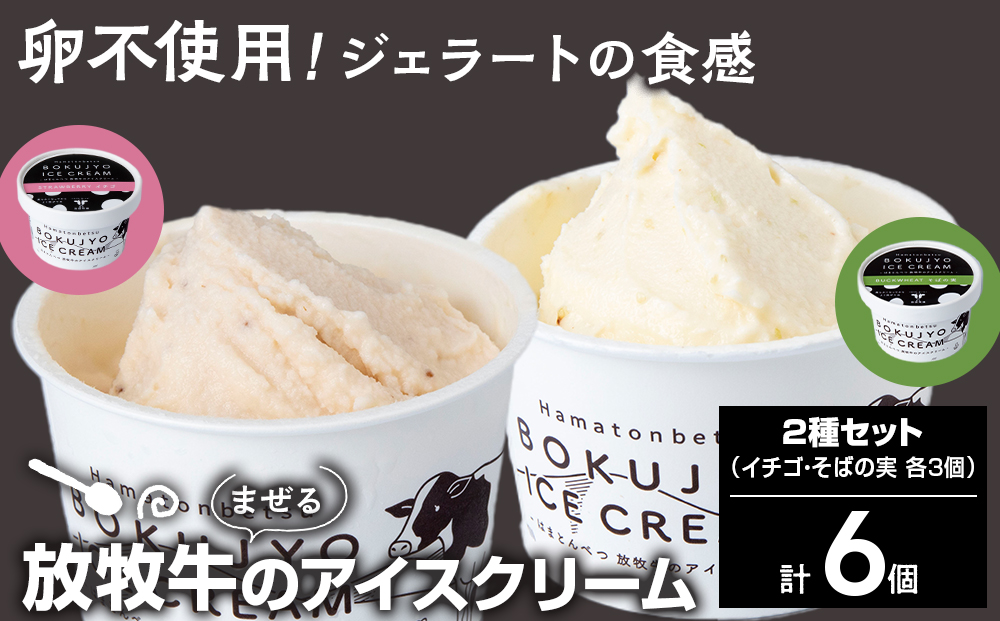 放牧牛 アイスクリーム2種（イチゴ・そばの実　各3個）計6個【池田牧場】