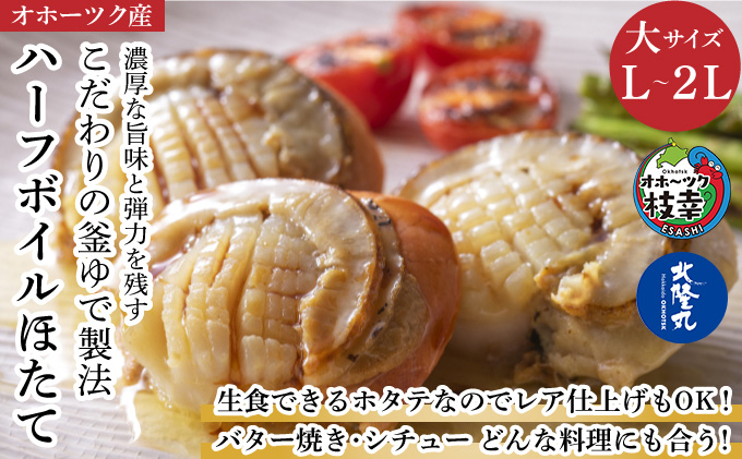 ハーフボイルホタテ［L～2L］大サイズ1kg（16～25個）オホーツク産［北隆丸］【 ほたて 帆立 ホタテ 魚貝類 魚介類 海鮮 大粒 ボイル 生 冷凍 加工食品 北海道 オホーツク 枝幸 】
