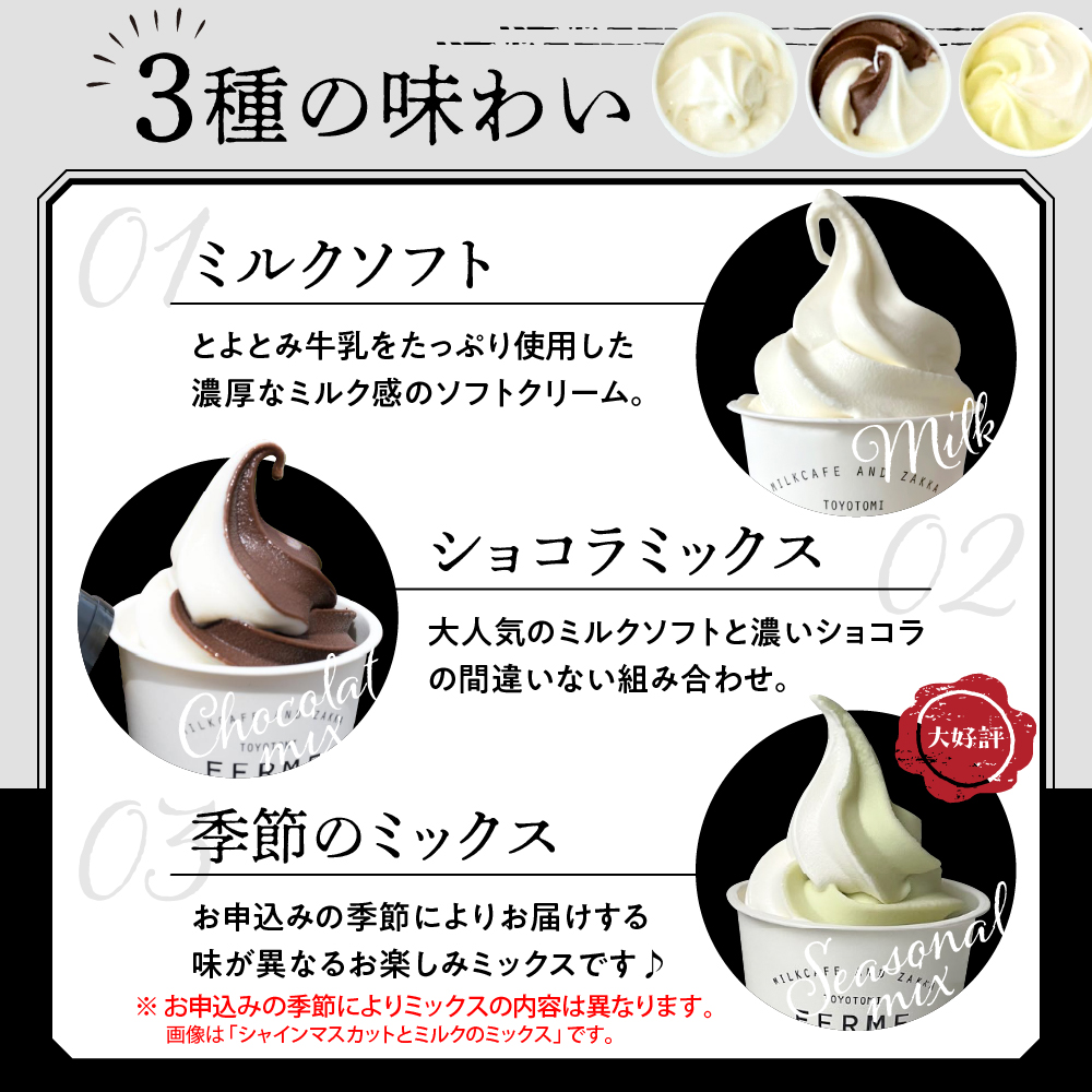 【3か月定期便】とよとみ牛乳ソフトクリーム【ミルク／ショコラミックス／季節のミックス 各120ml 計12個】 【3か月定期便】ミルク /ショコラミックス /季節のミックス【12個】