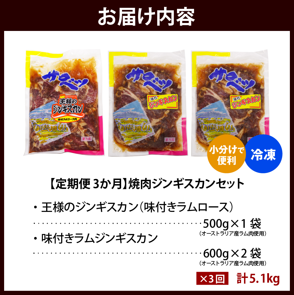 【定期便 3か月】焼肉ジンギスカンセット【王様のジンギスカン（味付きラムロース）1袋＋味付きラムジンギスカン2袋】 計9袋 5.1kg