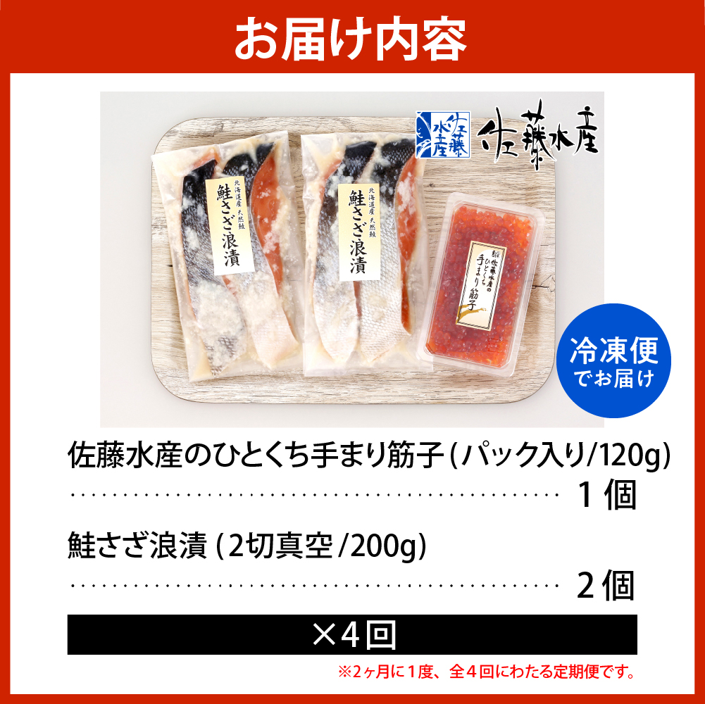 ご飯のおとも　豊富産の「佐藤水産の手まり筋子と鮭さざ浪漬」定期便　全4回 「佐藤水産の手まり筋子と鮭さざ浪漬」定期便　全4回