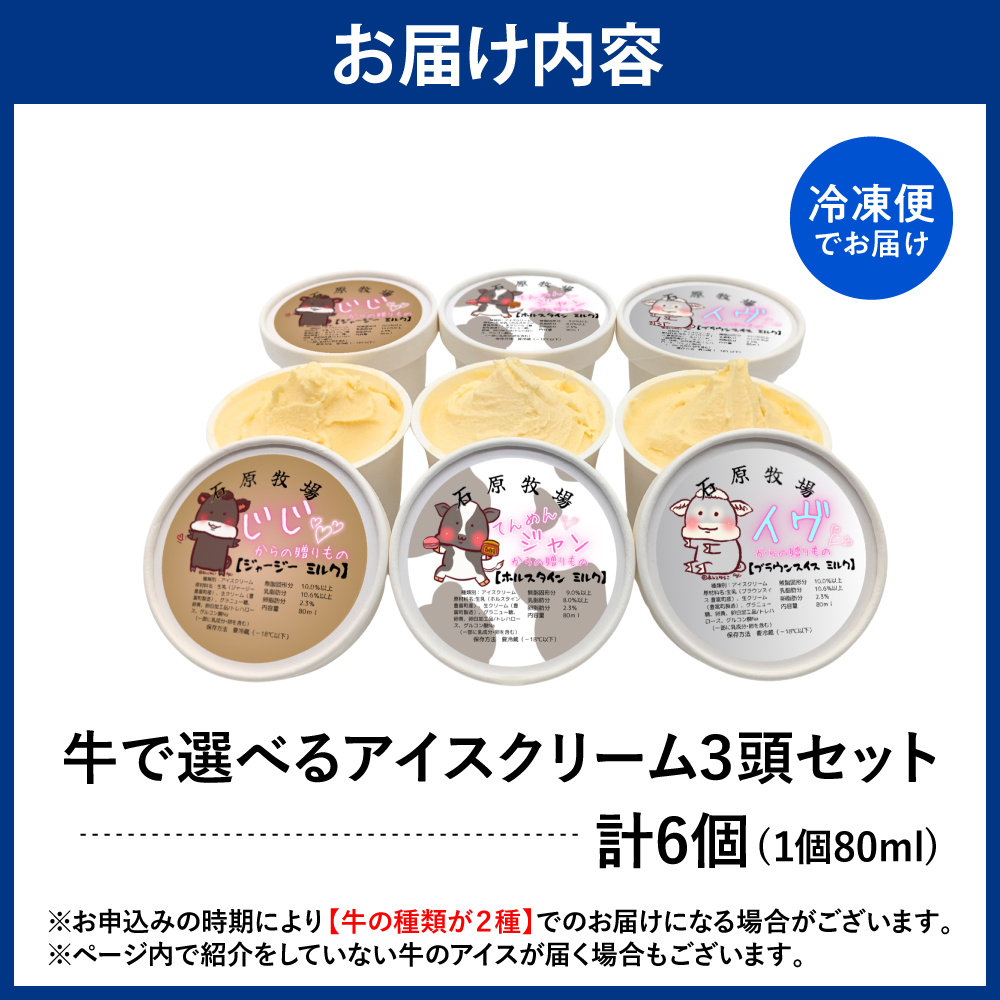牛で選べるアイスクリーム 80ml×6個《牛3頭セット、品種2～3種》【石原牧場】 tt027-001 6個セット