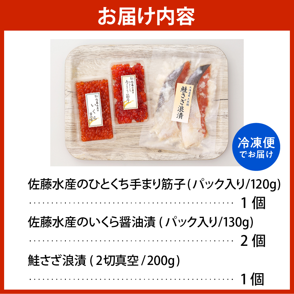 佐藤水産　【豊富産】いくら130g×1個 ＆ 手まり筋子120g×1個 ＆ 鮭さざ浪漬2切セット 計450g【KAT-605】 いくら130g×1個＆手まり筋子1個＆鮭さざ浪漬2切セット