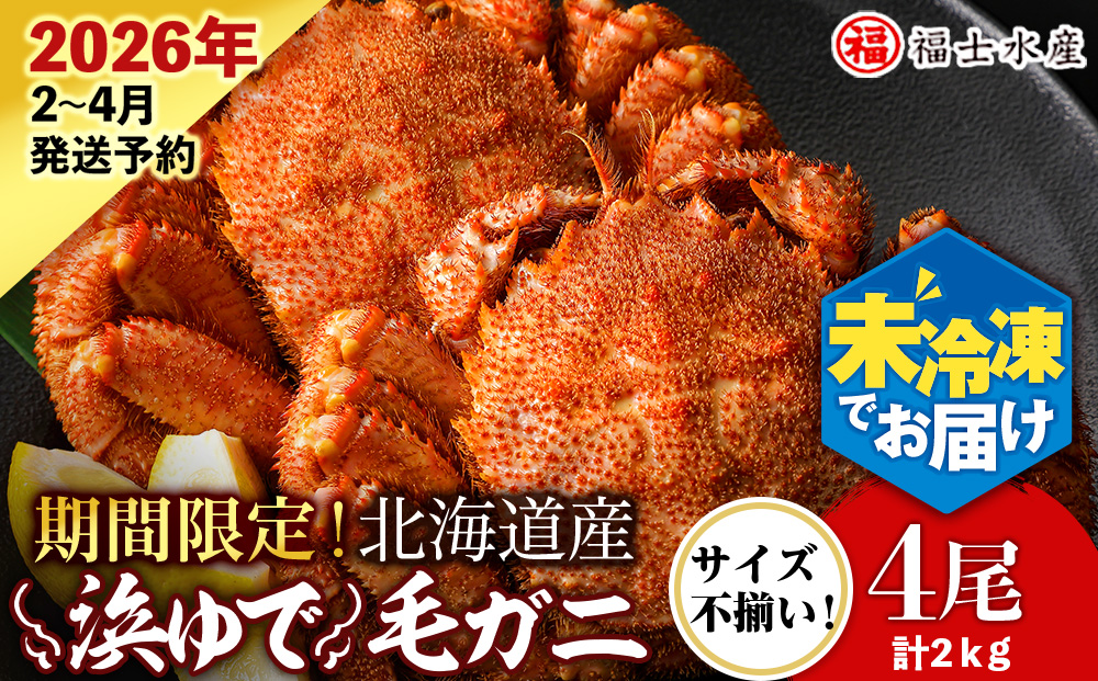 【2026年発送予約】チルドでお届け！ 浜茹で毛ガニ中サイズ４尾（不揃い合計約2kg） 〈福士水産〉