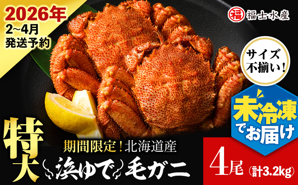 【2026年発送予約】チルドでお届け！ 浜茹で毛ガニ特大４尾（不揃い合計約3.2kg） 〈福士水産〉
