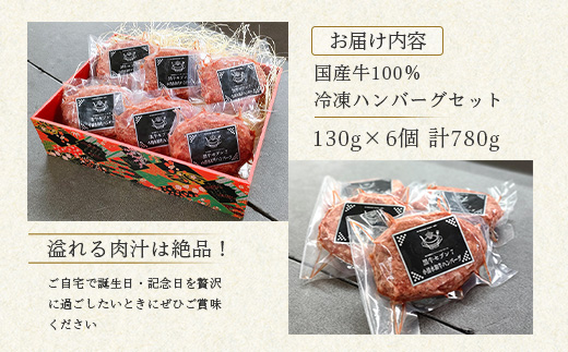 国産牛100％冷凍ハンバーグセット（6個入）130g×6個　計780g【15001】