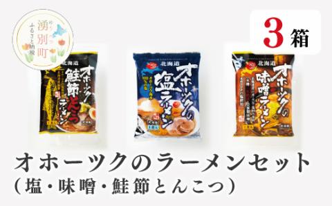 オホーツクのラーメンセット（塩・味噌・鮭節とんこつ各1）×3　らーめん　塩らーめん　味噌らーめん　とんこつらーめん　インスタント　ラーメンセット　ギフト　おほーつく　湧別町　北海道