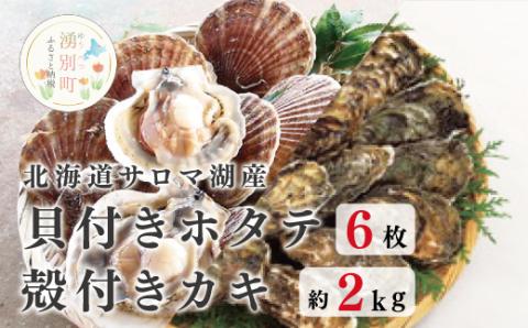≪先行予約2025年11月から配送≫北海道サロマ湖産　貝付きホタテ6枚・カキ約2kg　ほたて　帆立　刺身　牡蠣　かき　海鮮　魚介　殻付き　貝付き　冷蔵　サロマ湖　オホーツク　おほーつく　湧別町　北海道