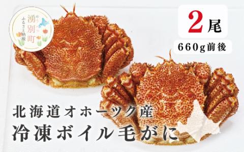 北海道オホーツク産  冷凍ボイル毛がに660g前後×2尾　	[№5930-0265]北海道オホーツク産 冷凍ボイル毛がに660g前後×2尾　蟹　かに　カニ　毛がに　毛蟹　海鮮　魚介　国産　冷凍　産地直送　オホーツク　湧別町　北海道