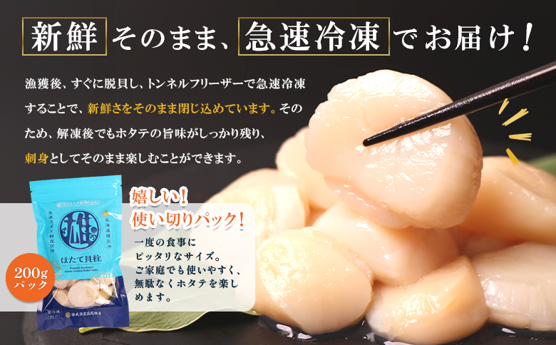 【定期便3回】　北海道雄武町産ほたて貝柱 中小混合 200g×3 (冷凍) 使い切りパック【0713702】