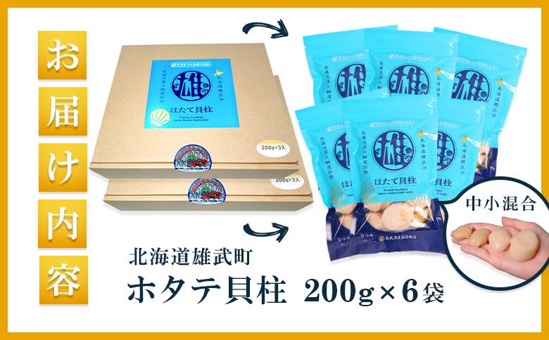 北海道雄武町産ほたて貝柱 中小混合 200g×6 (冷凍) 使い切りパック【0713502】