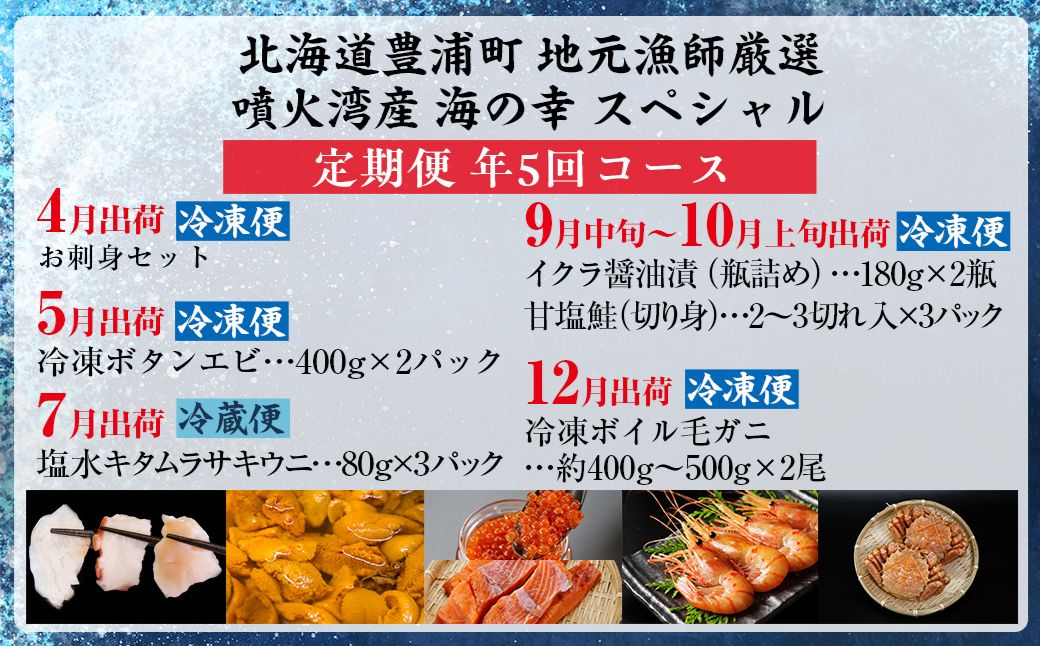 【定期便5回】海鮮地元漁師厳選 噴火湾産 海の幸 スペシャル 北海道 豊浦 うに いくら ホタテ 鮭 刺身 毛ガニ TYUR028