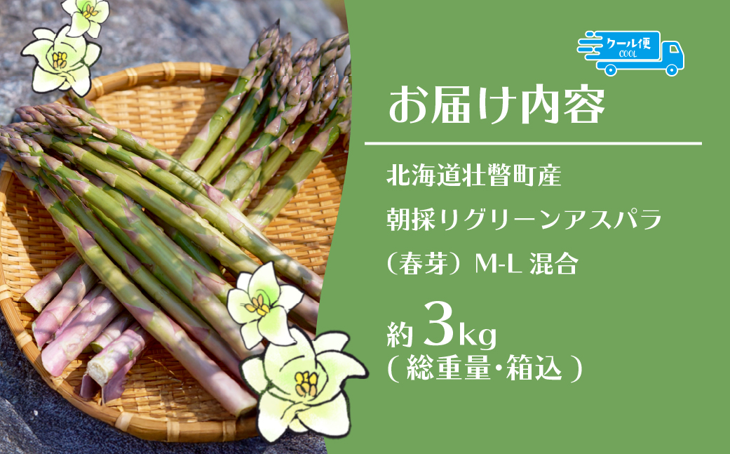 【2026年予約】朝採りグリーンアスパラ（春芽）M-L混合 約3kg 北海道壮瞥町産 SBTAJ035
