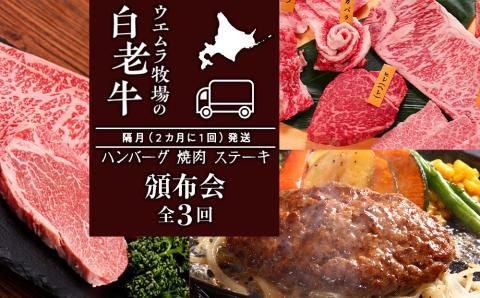 定期便 頒布会 全3回 お楽しみ 白老牛 ハンバーグ 焼肉 ステーキ ウエムラ牧場