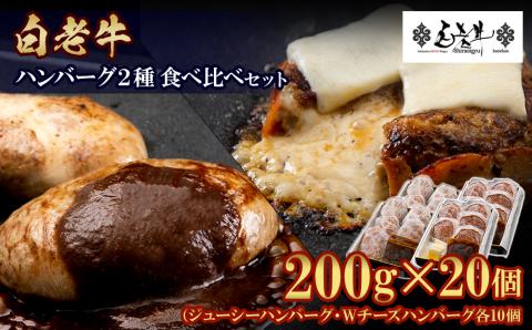 白老牛 2種 食べ比べ ハンバーグ セット 合計20個 モッツァレラ ベーコン 網脂 特製ソース 手造り BY084