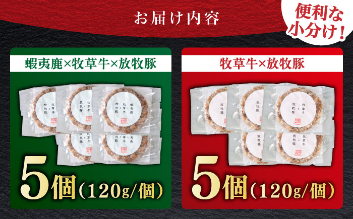 ハンバーグ 2種食べ比べ 10個セット（蝦夷鹿/牧草牛/放牧豚）《厚真町》【GOODGOOD株式会社】冷凍 牛肉 豚肉 鹿肉 ジビエ 食べ比べ 2種 北海道 [AXBP009]