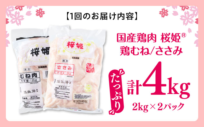 【全3回定期便】桜姫ヘルシーセット 計4kg（鶏むね・ささみ 各2kg）《厚真町》【東日本フード株式会社】  国産 むね肉 ムネ ささみ ささみ肉 冷凍 北海道 [AXBM059]