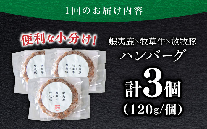 【全6回定期便】 【蝦夷鹿×牧草牛×放牧豚】ハンバーグ 3個 《厚真町》【GOODGOOD株式会社】 ハンバーグ 鹿肉 牛肉 豚肉 小分け 冷凍配送 北海道 [AXBP016]