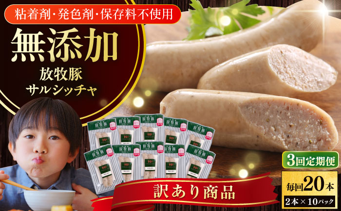 【全3回定期便】【訳あり】【結着剤・発色剤・保存料不使用】 放牧豚 サルシッチャ 2本x10セット（90g/パック） 【ファーマーズファクトリー株式会社】 訳あり ウインナー ソーセージ 冷凍配送 セット 詰め合わせ 北海道 [AXBA075]