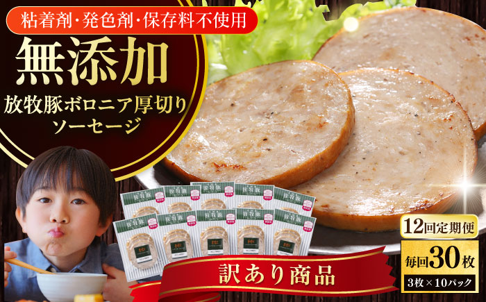 【全12回定期便】【訳あり】【結着剤・発色剤・保存料不使用】 放牧豚 ボロニア厚切りスライスソーセージ 3枚x10セット（130g/パック） 【ファーマーズファクトリー株式会社】 訳あり ウインナー 冷凍配送 セット 詰合せ 北海道 [AXBA081]